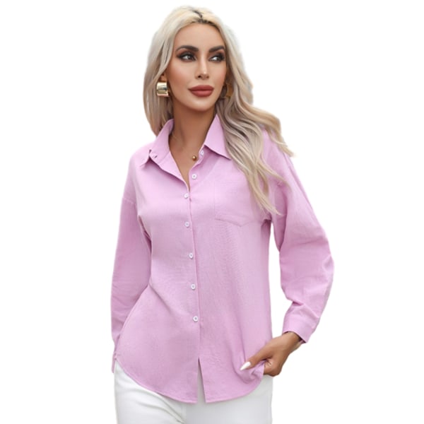 Enfärgad casual bomullsskjorta för kvinnor Pink L