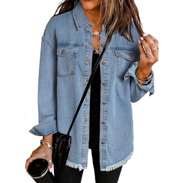 Dame Oversized Denimjakke Casual Lang Boyfriend Distressed Jeanshirt Light Blue XL