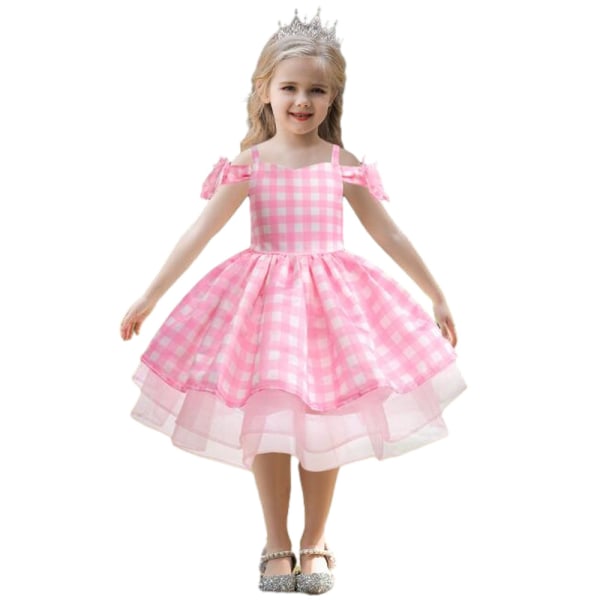 Flickors En-axlad Rosa Rutmönstrad Mesh Prinsessklänning 140CM