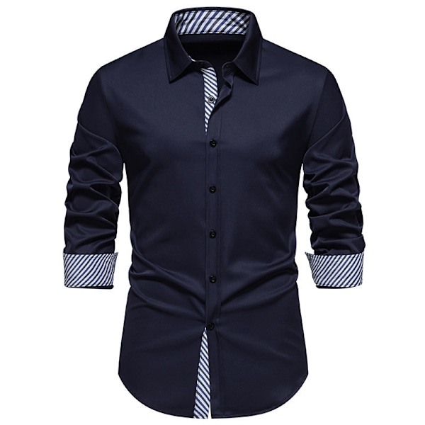 Herr Business Slim Fit Klänningsskjorta, Långärmad Knappskjorta Navy Blue L