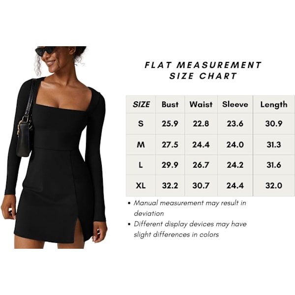 Kvindes Kvadratisk Halsudskæring Bodycon Kjole Langærmet Side Slids Flare Mini Kjole black M