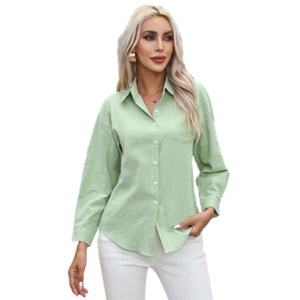 Enfärgad casual bomullsskjorta för kvinnor Green M