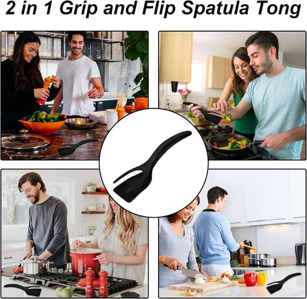 2-i-1 Grepp- och Vändspatel Tång, Silikon Stekt Ägg Grepp Vänd Tänger BLACK