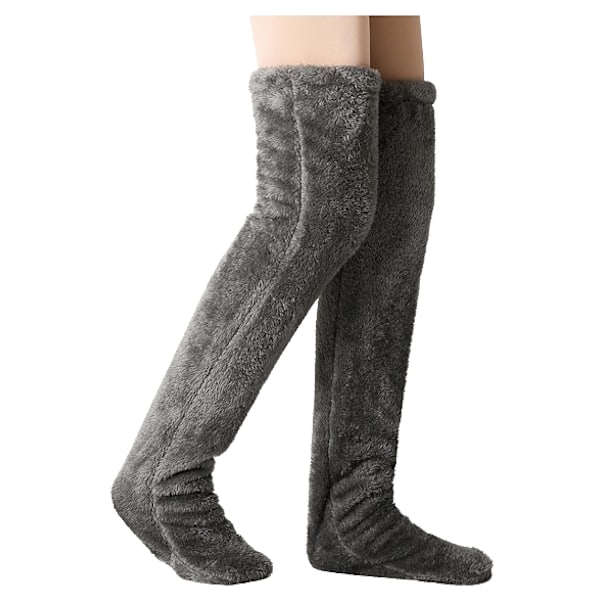 Mysiga Sockor, Knähöga Toffelsockor, Damvinterstrumpor Över Knäet, Fuzzy Långa Strumpor Dark Grey