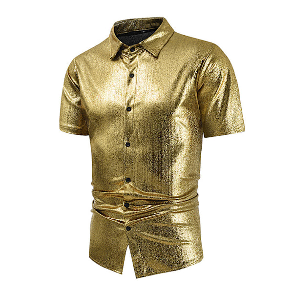 Mænds Metallic Kortærmet Skjorte Disco Natklub Party T-Shirts Gold 2XL