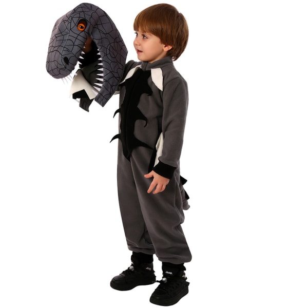 Dinosaurdrakt for barn, svart jumpsuit med horn S