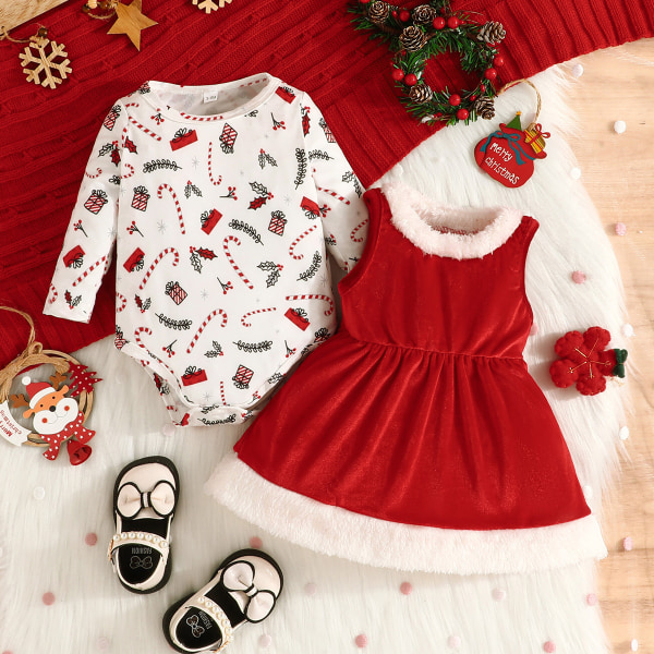 Babyflicka Julklänning Långärmad Julset Red 6-9M