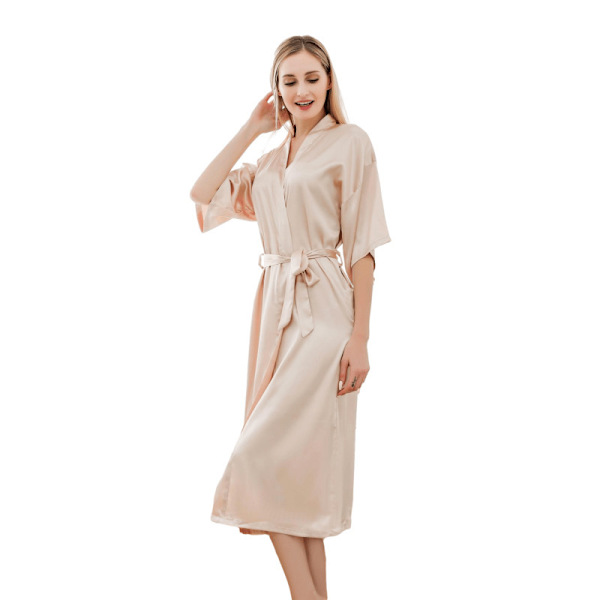 Silkkiset pitkät satiini-aamutakit naisille, taskuilla champagne L