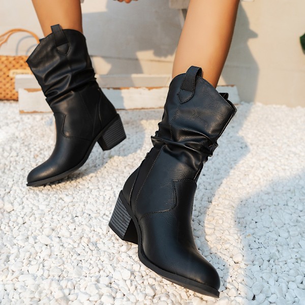 Damskor Western Ankle Boots Spetsig tå Chunky Block Mellanhög Klack Chelsea Cowboy Stövletter Black 36