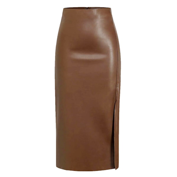 Kvinnors Högmidjade Split Thigh Lång Pu Läder Bodycon Kjol Brown XL