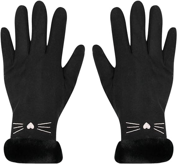 Dame Suede Handsker Søde Kat Fleeceforet Varme Handsker Black