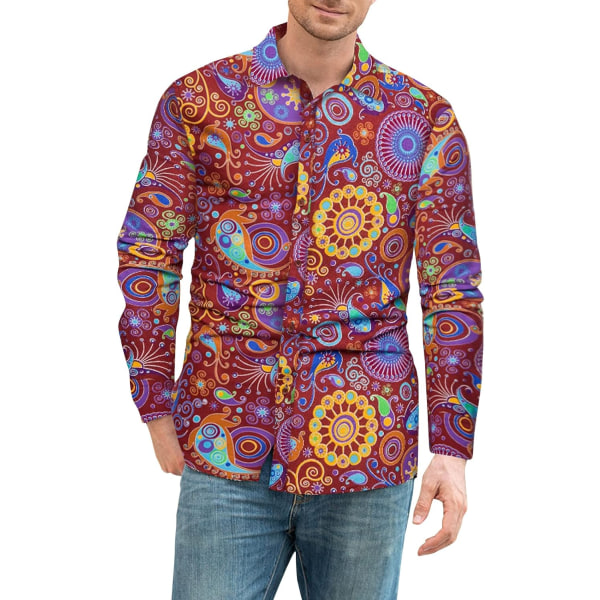 Disco linneskjortor för män 70-tal Casual Paisley-tröjor Blommig vintage långärmad skjorta CS57 5XL