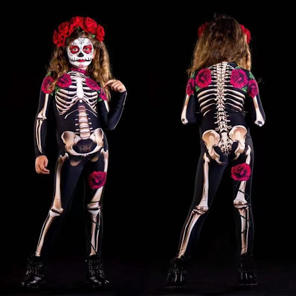 Dam Halloween Party Kostym Skalle Print Långärmad Jumpsuit Outfit Kid-Black 140cm