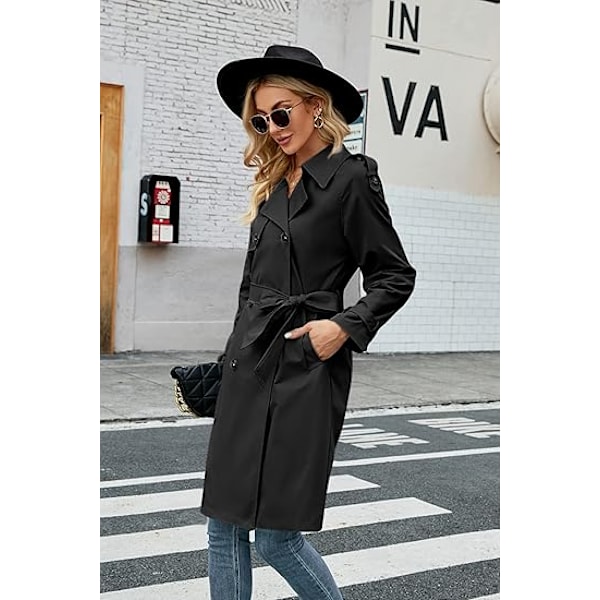 Kvinners dobbeltbrystet lang trenchcoat med belte Black S