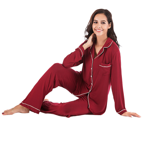 Pyjamas Set för Kvinnor, Långärmad, Knappar, Nattkläder, Bomull, Pj-Set Red XL