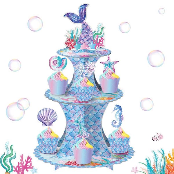 Havfrue Cupcake Stativ - 3-etasjes Papp Cupcake Stativ