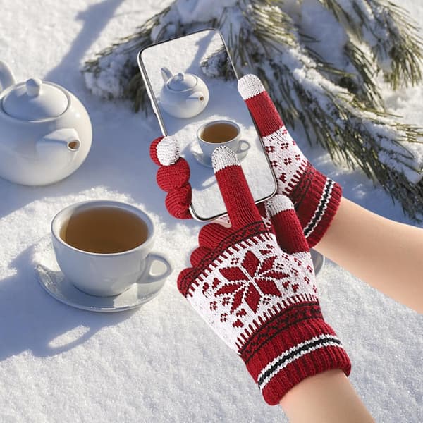 1 Par Touchscreen Handsker Vinter Snefnug Print Tykke Strikket Handsker Red