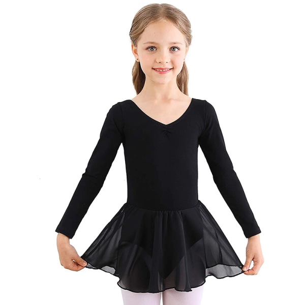 Flickor Långärmad Balett Leotards Dans Tutu Klänning Black 120cm