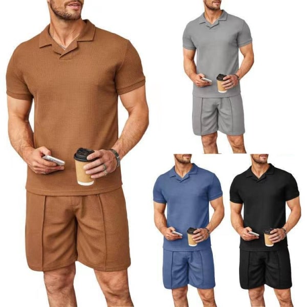 Herrarnas Waffle Knit Polotröja och Shorts Set 2-Delar Outfit Sommar Kostym Black 3XL