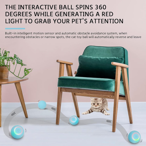 Interaktiv kattboll, automatisk 360° självroterande rullande boll Blue