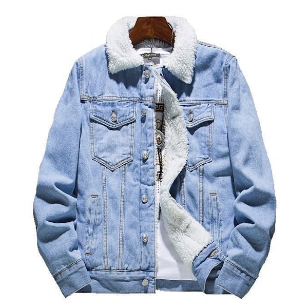 Mænds Lapel Sherpa Fleeceforet Tyk Denim Jean Trucker Jakke Frakker Light Blue S