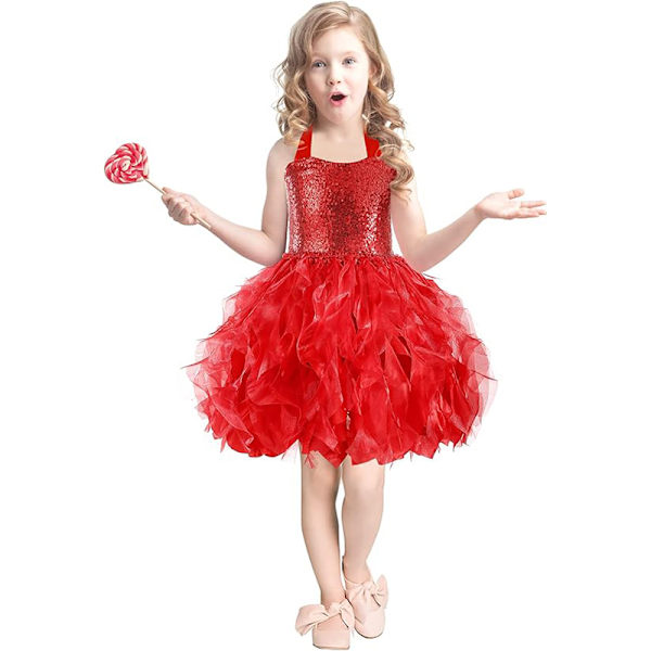 Tyttöjen Tutu-mekko, Kimaltavaa Sekvensoitua Tullea Prinsessan Syntymäpäiväjuhla-asu Red 6T