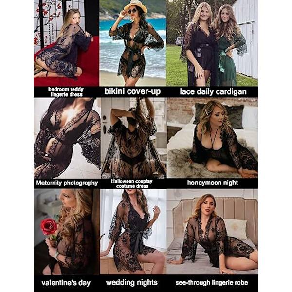 Kvinners Blonder Kimono-Kåpe Babydoll Lingeri Mesh Nattkjole Black L
