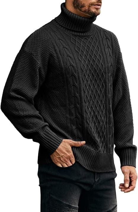 Herrar Turtleneck Tröja Kabel Stickad Vintertröjor Black M