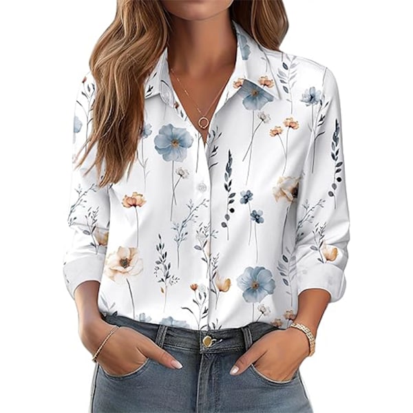 Dam Skjortor med Knappar Blommig Tryck Långärmad Vardaglig Topp White M