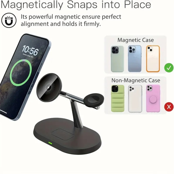 Magnetisk trådlös laddningsstation 3-i-1 snabbladdningsställ för IPhone 15 14 13 12 Pro Max black