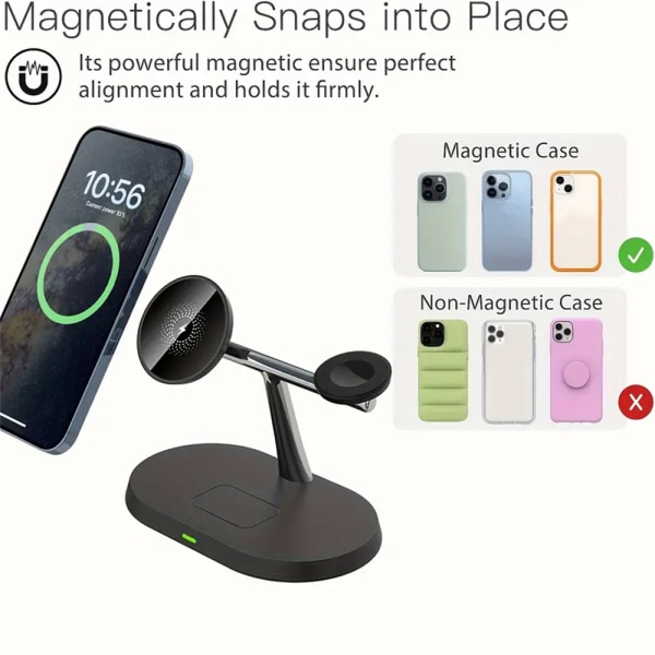 Magnetisk Trådlös Laddningsstation 3-i-1 Snabbladdningsställ för iPhone 15 14 13 12 Pro Max black