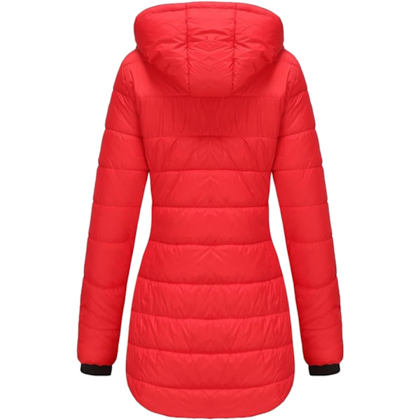 Dame Lang Pufferjakke med Hætte - Letvægts og Varmt Thermolite Red XL