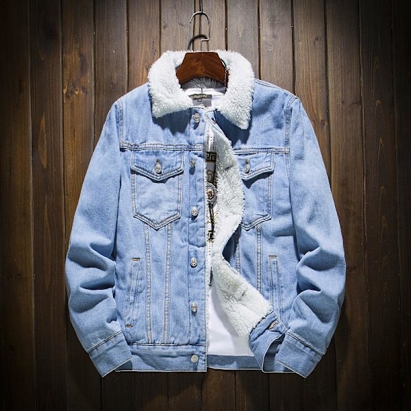 Mænds Lapel Sherpa Fleeceforet Tyk Denim Jean Trucker Jakke Frakker Light Blue XL