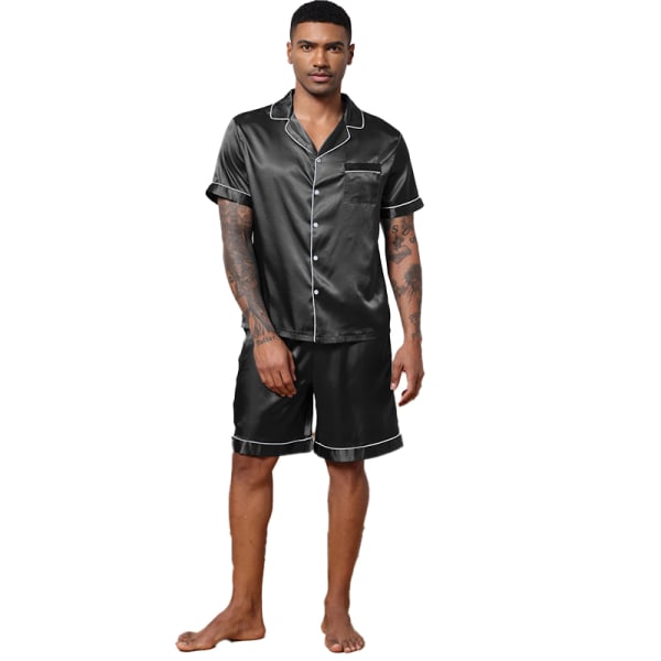 Mænds Satin Pyjamasæt 2 Dele Loungewear Knapliste Pjs Sæt black S