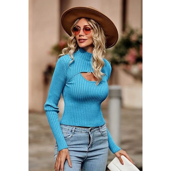 Dam 2-delad Utskuret Topp Långärmad Mock Neck Ribbstickad Vintertröja Blue M