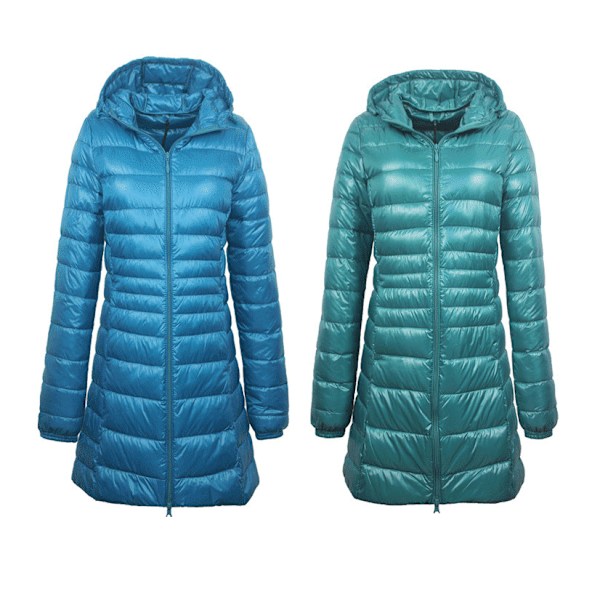Lättviktig lång dunjacka med luva för kvinnor blue 3XL