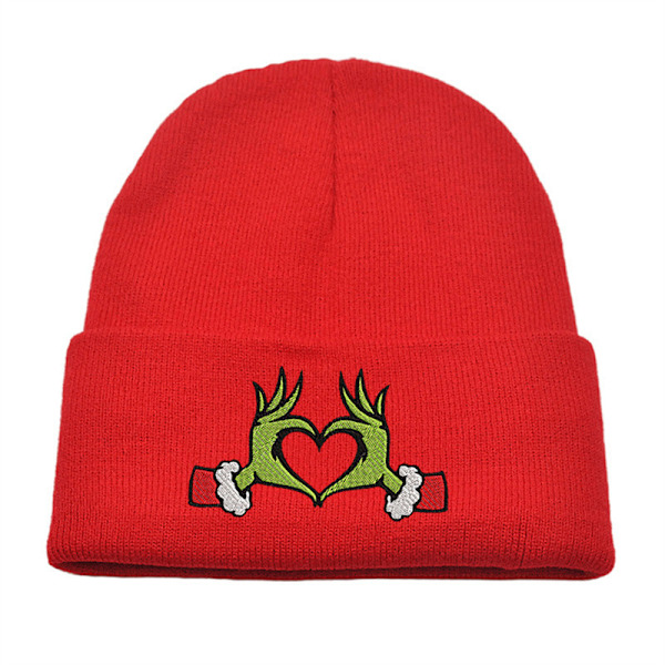 Broderet Beanie med Opslag - Sjov Hat, Varmt Julehat Red 1