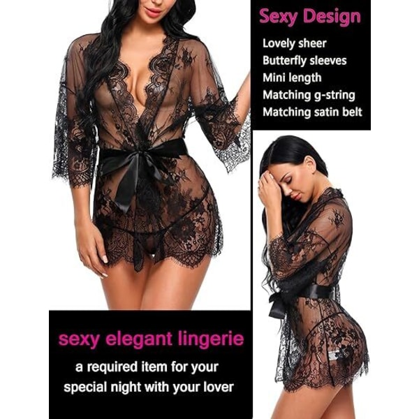 Dame Lace Kimono Robe Babydoll Lingeri Mesh Natskjorte Black 2XL