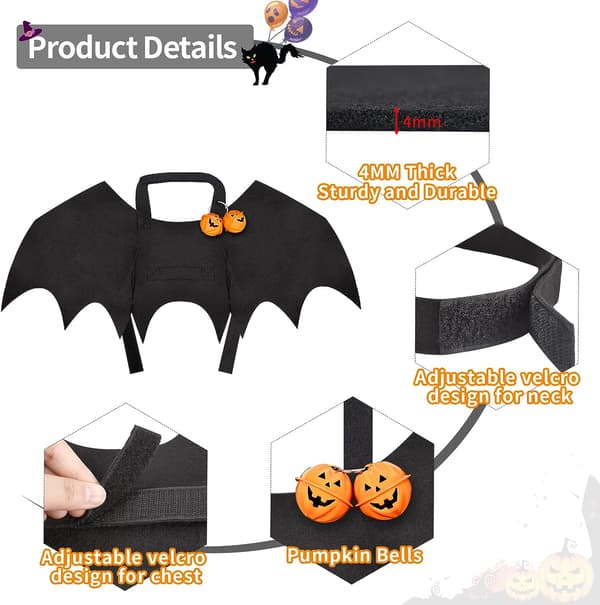 Halloween-kostym för hundar med fladdermusvingar och pumpa-klockor Black L