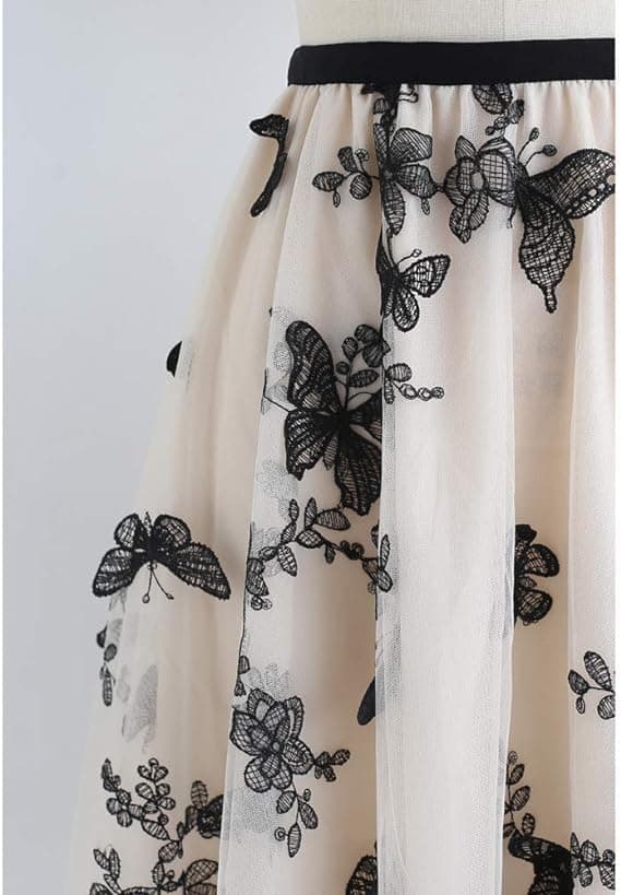 Dame Sort 3D Posy Dobbeltlags Mesh Midi Skørt Apricot S