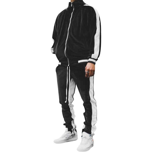 Mænds 2-delt fuld lynlås Tracksuits Fløjl Sportsdragter black S