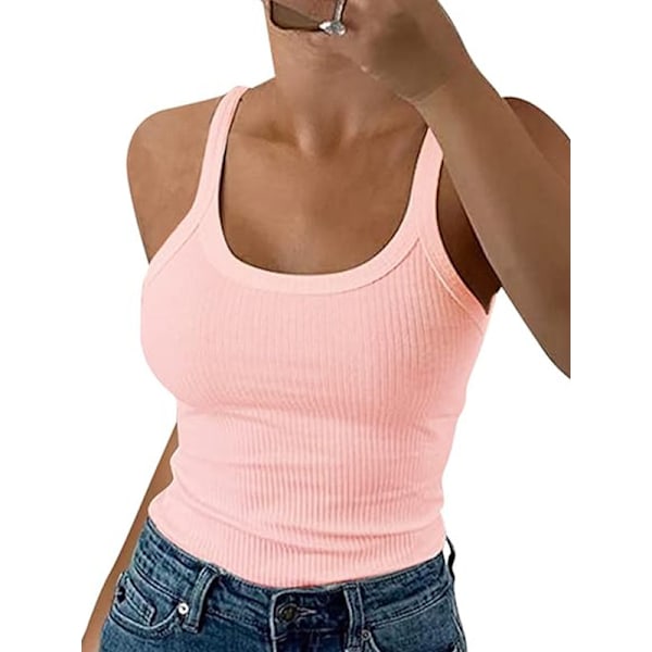 Kvinnors Scoop Neck Ribbade Tank Tops Träning Ärmlös Cami Skjorta Pink XS