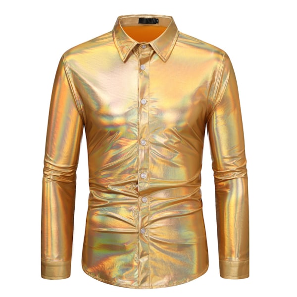 Metallic Disco Shiny Slim Fit Långärmad Button Down nattklubbskjortor för män Gold XL