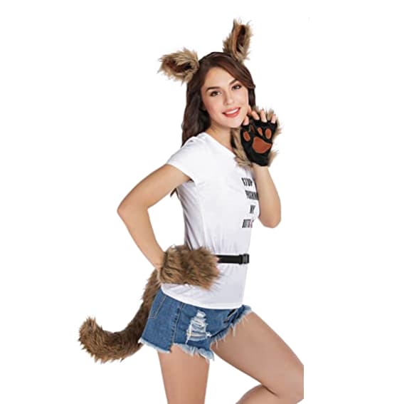 Wolf Fox Tail Clip öron och handskar Set Halloween kostym black white