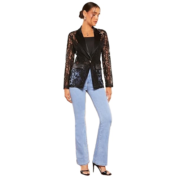 Blazer med blomstrete blonde og mesh for kvinner, lange ermer, elegant jakke M