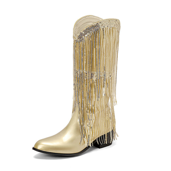 Naisten Fringe Metallic Cowboy-saappaat Gold 36