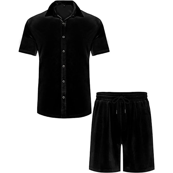 Herr Casual Kort Set Sammet Kortärmad Knapp Ned Skjorta 2 Delar Outfits Träningsoverall Black M