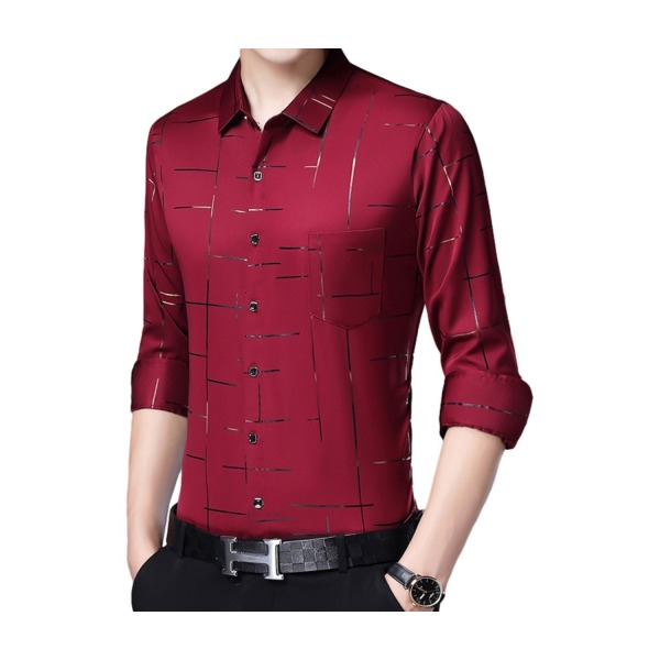 Mænds Trykt Lapel Business Casual Langærmet Skjorte Red M