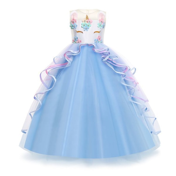 Flower Girls Dress Unicorn Rainbow Pageant Princess Party Blue 120cm