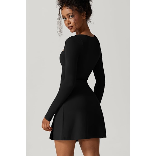 Kvinnors fyrkantig halsringning klänning långärmad slitsad flare miniklänning black XL